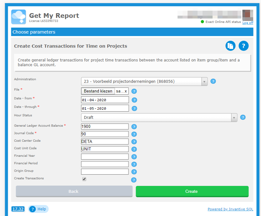Create cost transactions in Exact Online for time on project