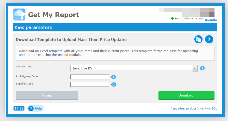 Download Excel template to upload mass item price updates.