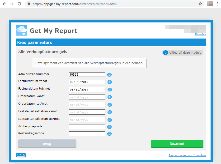 Download Excel with sales invoice lines from Exact Online