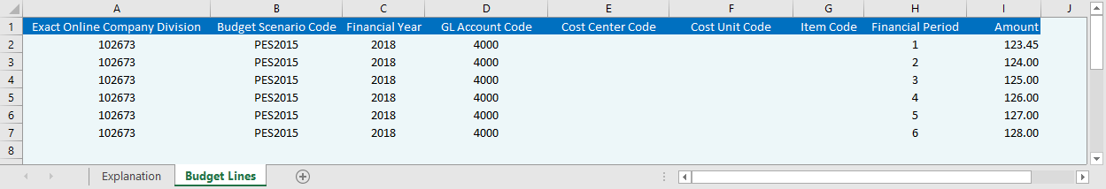 Excel sample file with budget lines to upload into Exact Online