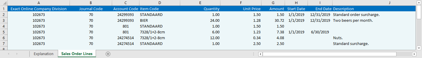 Excel sample file with sales order lines to upload into Exact Online