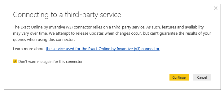 Connecting Power BI to Exact Online warning on third-party service