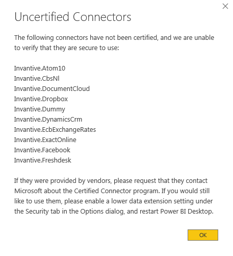 Power BI Uncertified connectors warning