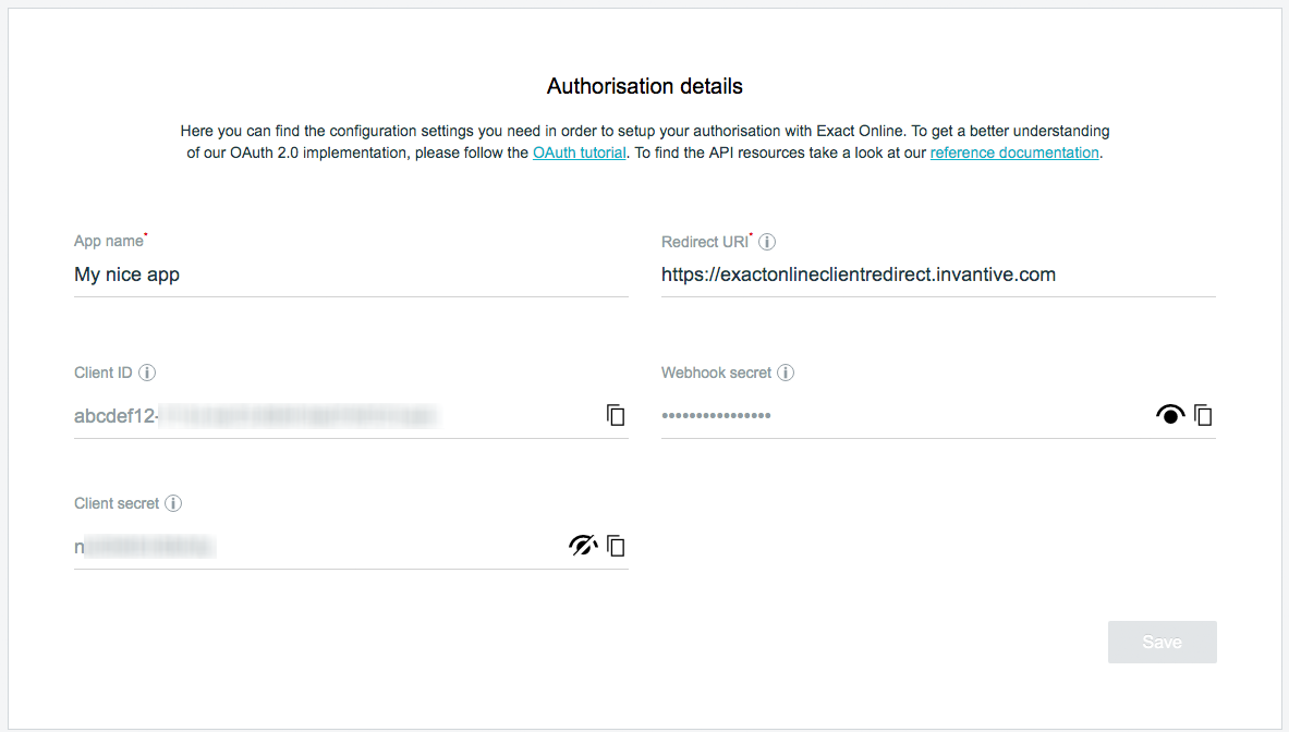 Exact Online App Authorisation Details