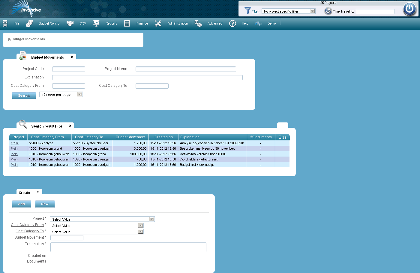 Screen Budget Shifts within a project or cost category master roll up