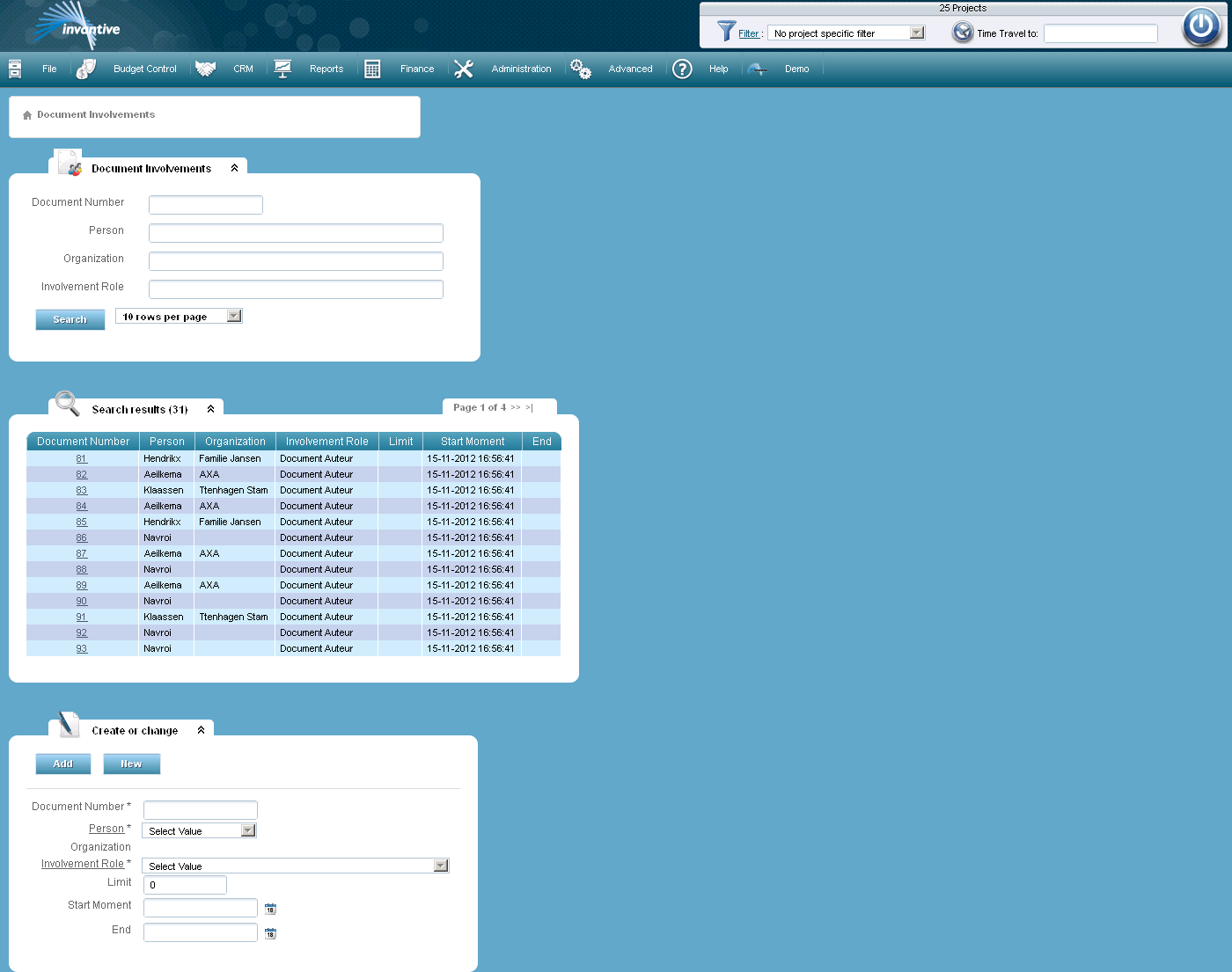 Document entries or document involvement screen.