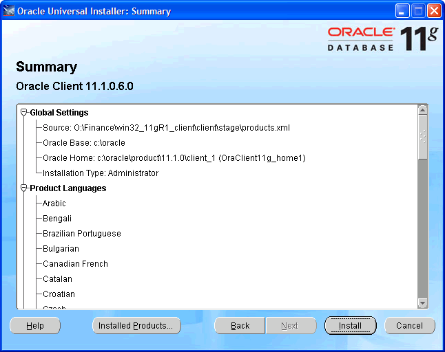 Installation Oracle Client: start installation