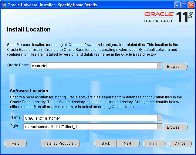 Installation Oracle Client: choose location