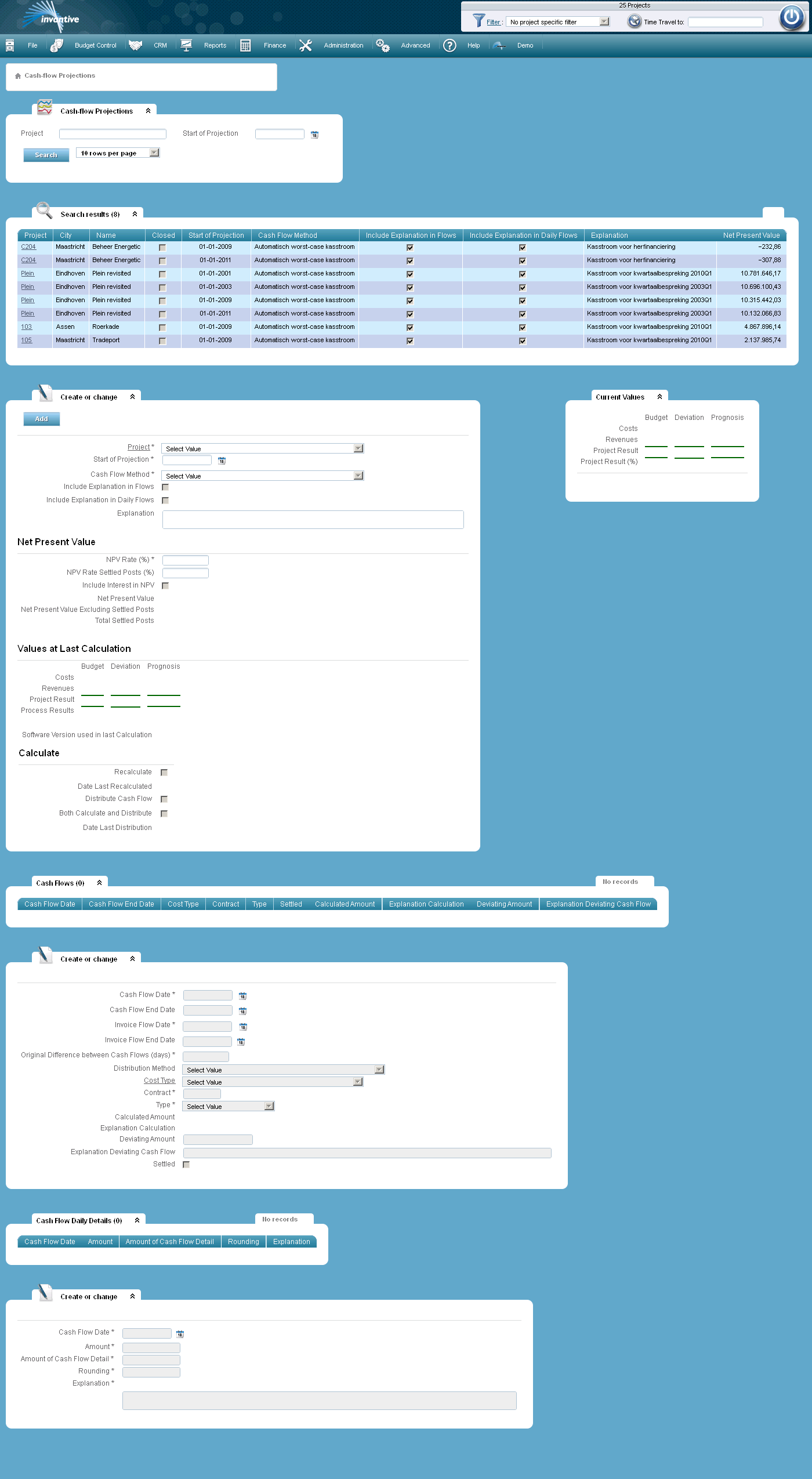 Cash Flow Projections Screen