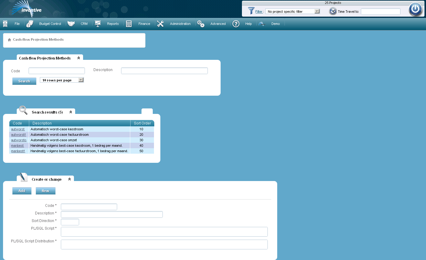 Cash Flow Projection Methods Screen