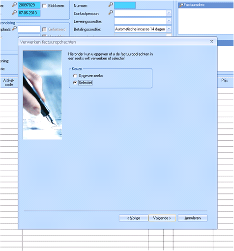 Screen UNIT4 Multivers gateway: Process invoice orders selective