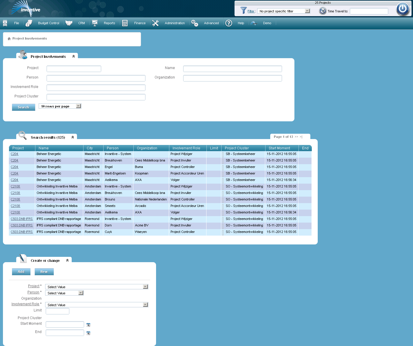 Project participation or project involvement screen