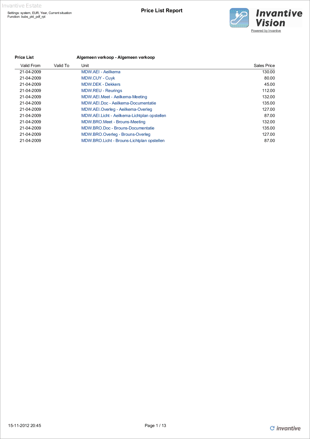 Invantive Price List Report