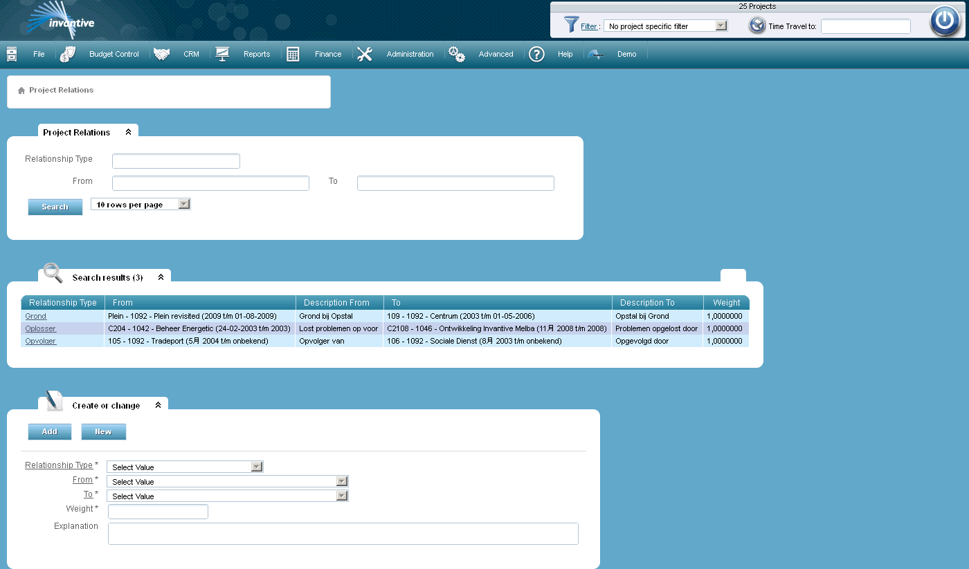 Relationships Between Projects Screen