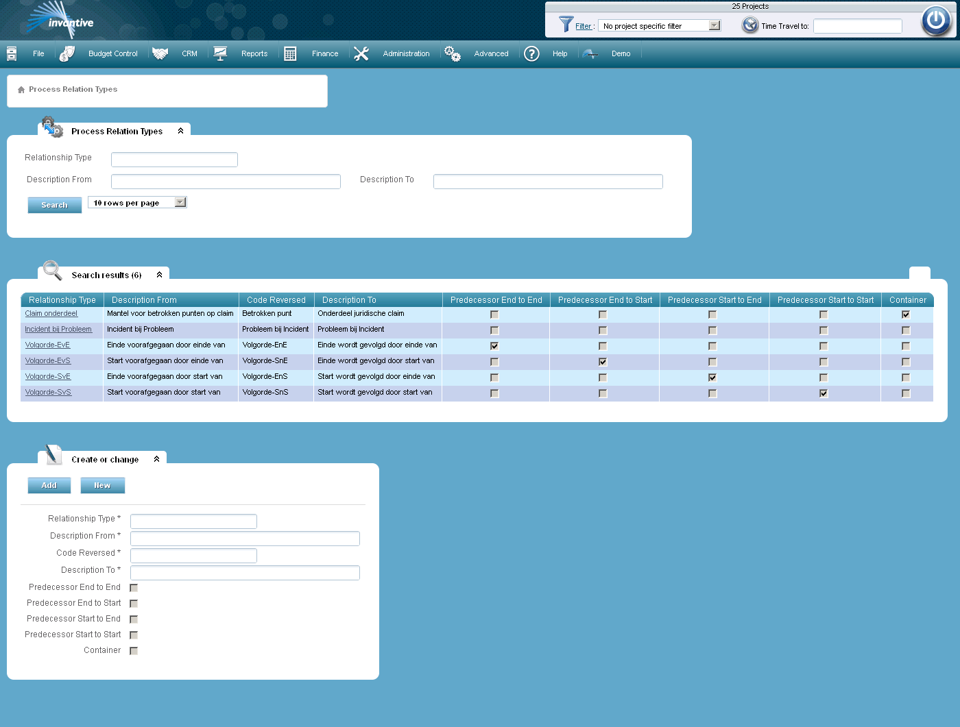 Types of Task Relations Screen