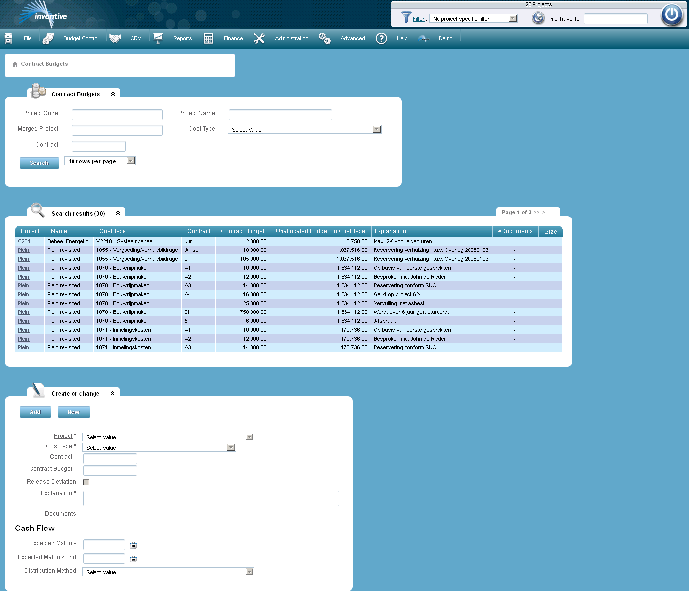 Contract Budgets from a contract on a project screen