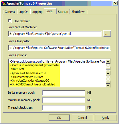 Apache Tomcat 6 properties to counteract memory fragmentation