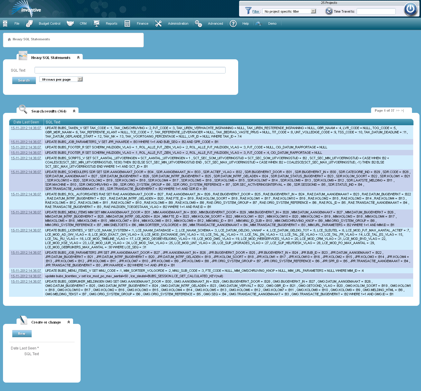 Heavy SQL Statements screen