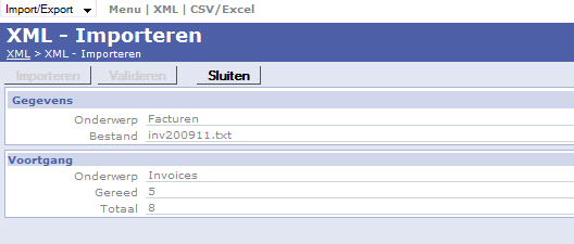 Screen Exact online link: Invoices XML import progress