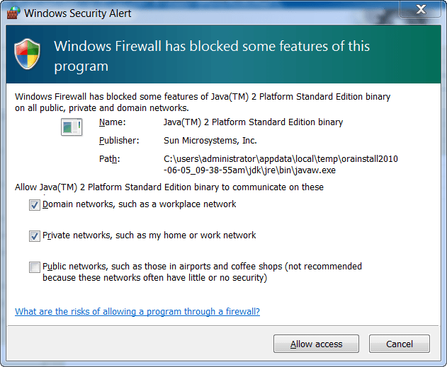 Installation Oracle 11g R2 on Windows: Warning firewall