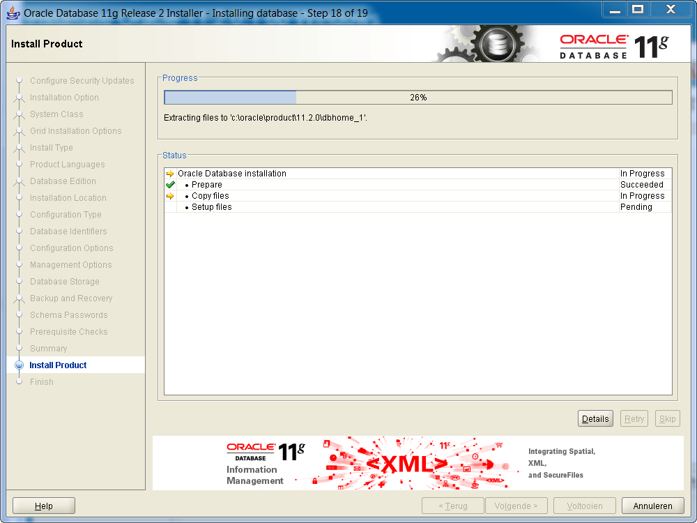 Installation Oracle 11g R2 on Windows: Progress installation