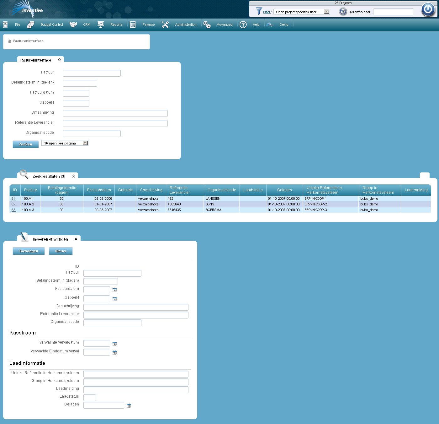 Scherm Interface Facturen