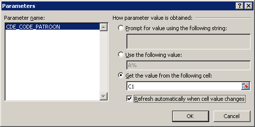 Scherm Microsoft Excel koppeling voor Invantive Estate: query parameters op basis van celreferentie