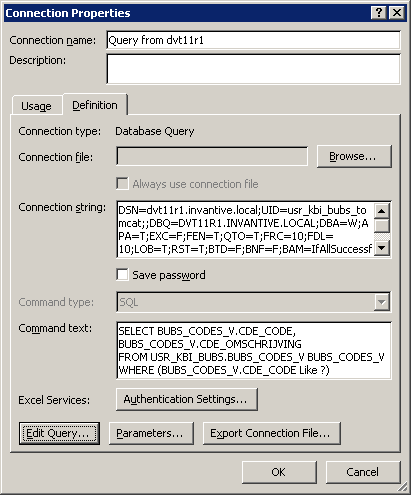 Scherm Microsoft Excel koppeling voor Invantive Estate: query aanpassen