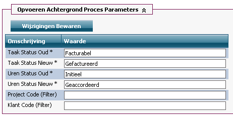 Scherm webfrontend parameters invullen van Facturatie: verwerk alle onderdelen