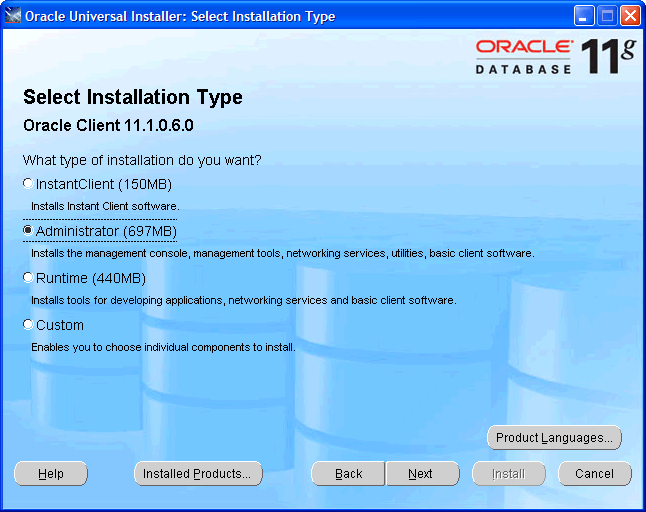 Installatie Oracle Client: soort installatie Administrator