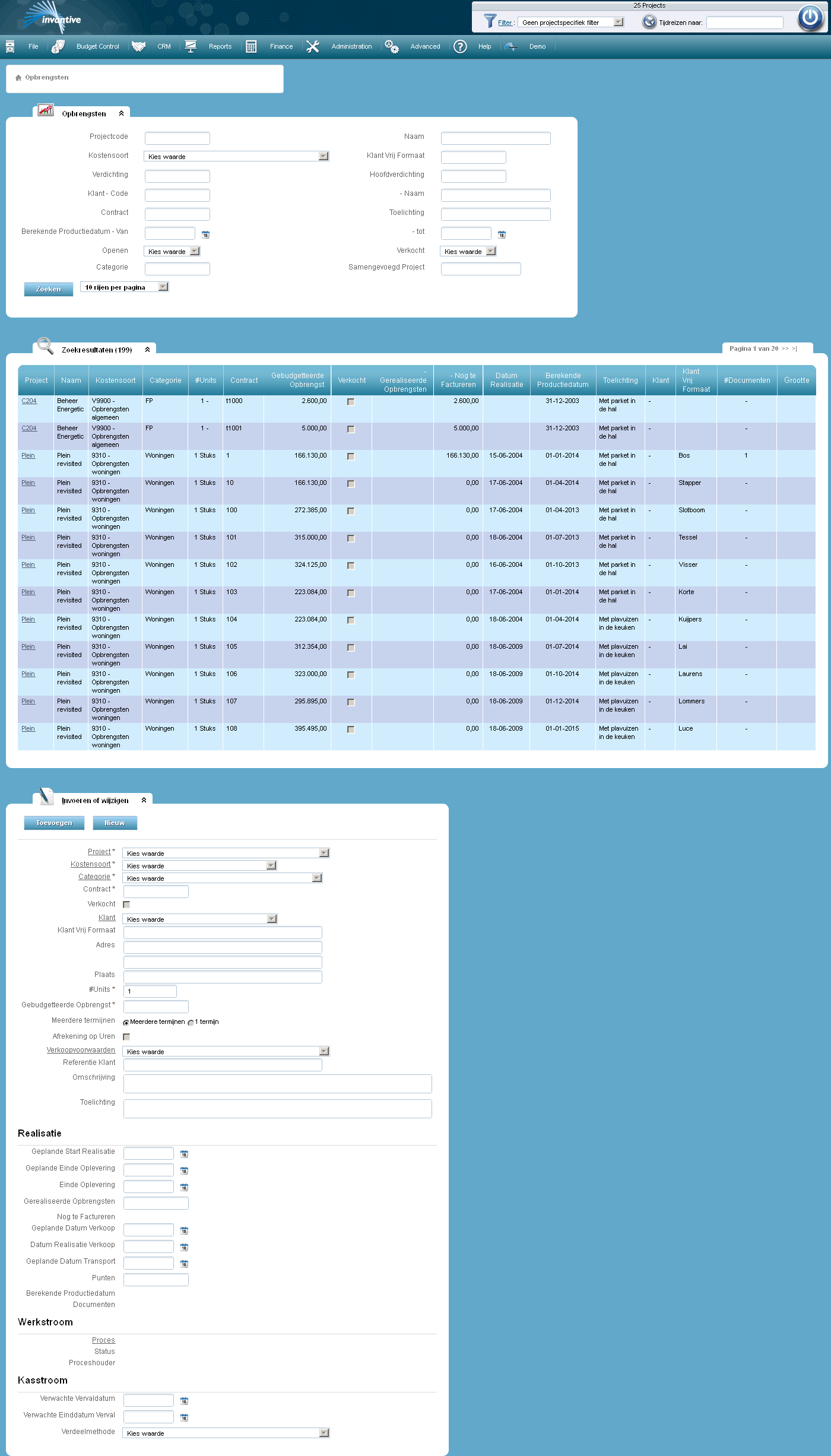 Scherm Opbrengsten bij een project