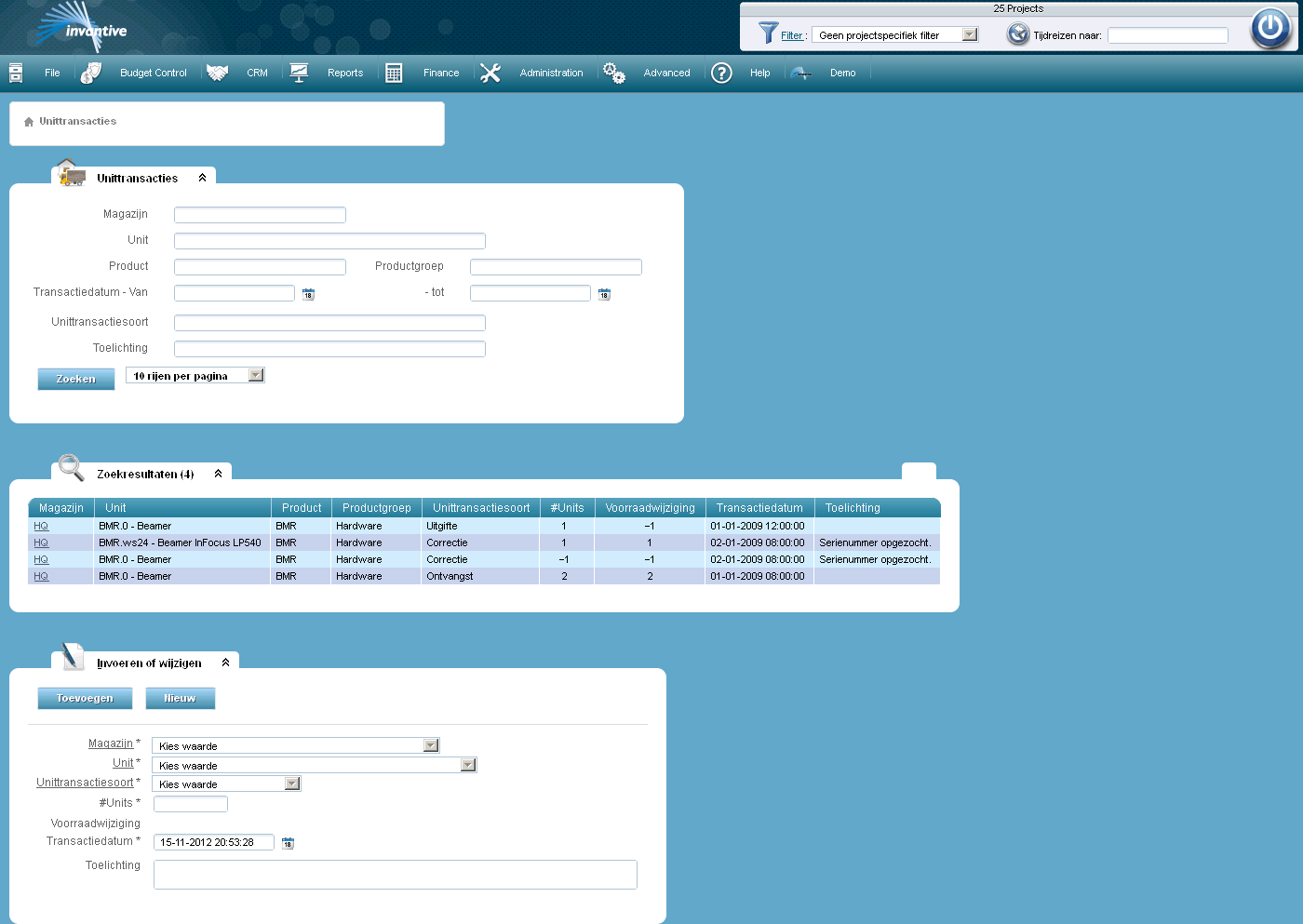 Scherm Transacties van Units