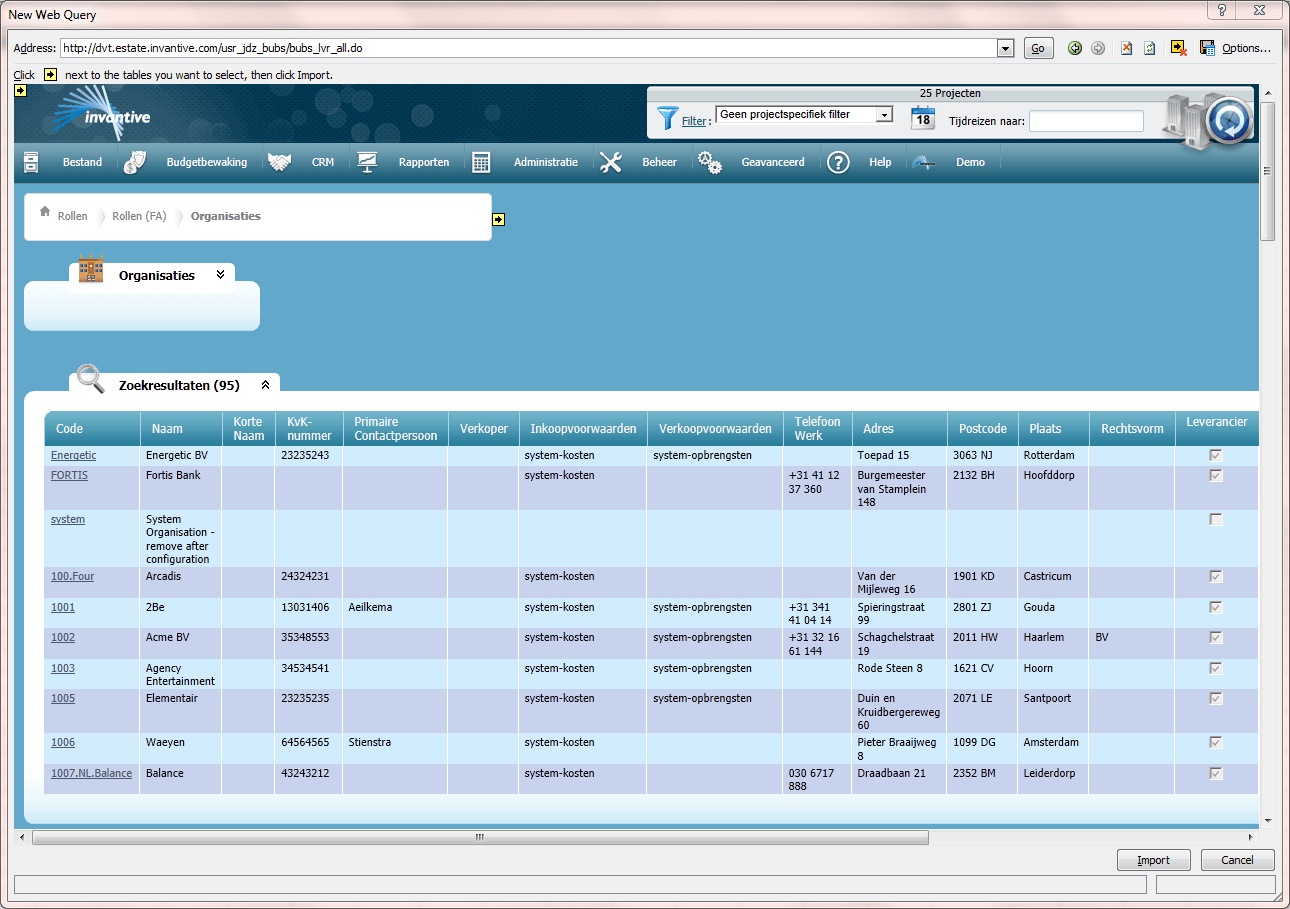 Voorbeeld webquery gegevens selecteren met Invantive Estate