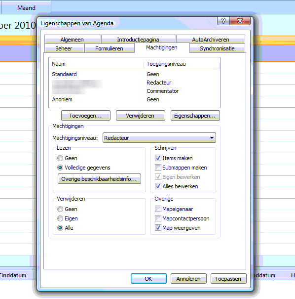 Outlook Add-in: Rechten geven op agenda in Microsoft Exchange 2003