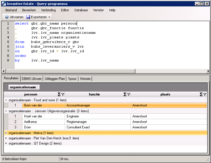 Scherm Invantive Query-programma CRM-gegevens opvragen