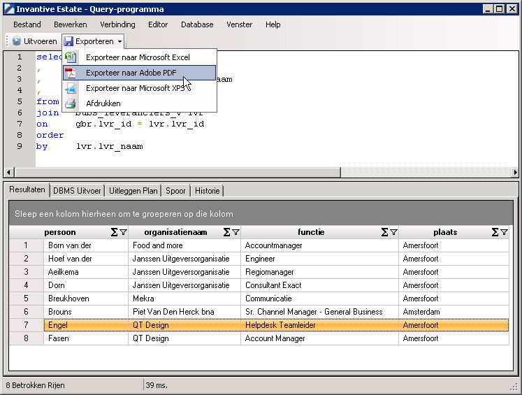 Scherm Invantive Query-programma exporteren resultaten