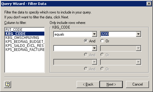 Scherm Microsoft Excel koppeling voor Invantive Estate: filter op kostensoort 3200