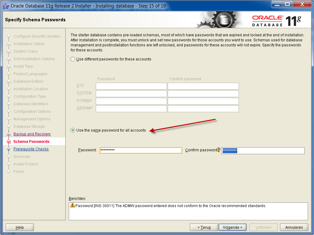 Installatie Oracle 11g R2 op Windows: Schema wachtwoorden