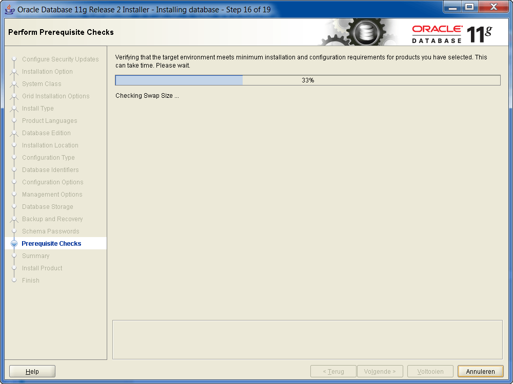 Installatie Oracle 11g R2 op Windows: Randvoorwaarden controle