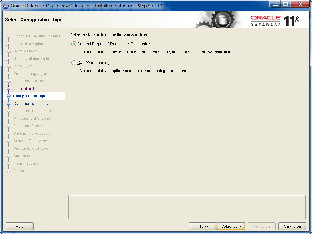 Installatie Oracle 11g R2 op Windows: Soort database