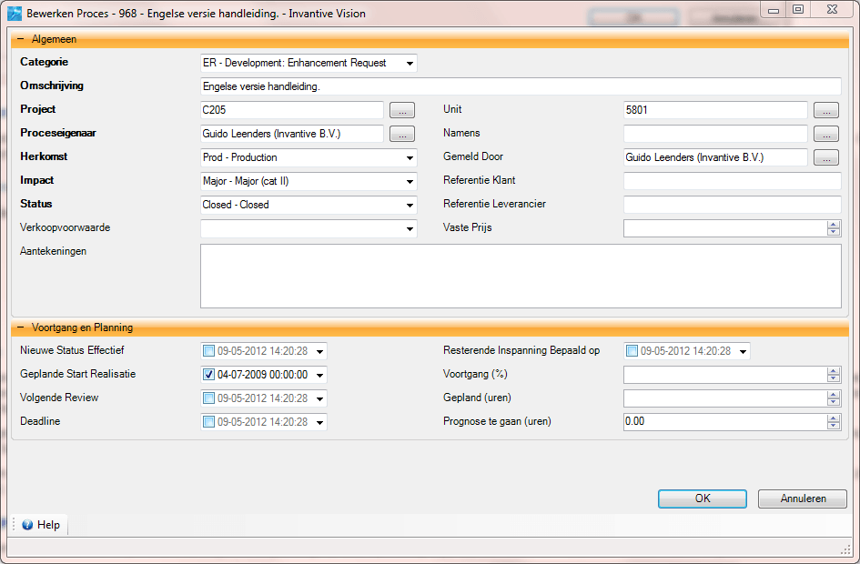 Scherm Outlook Add-in Bewerk Taak