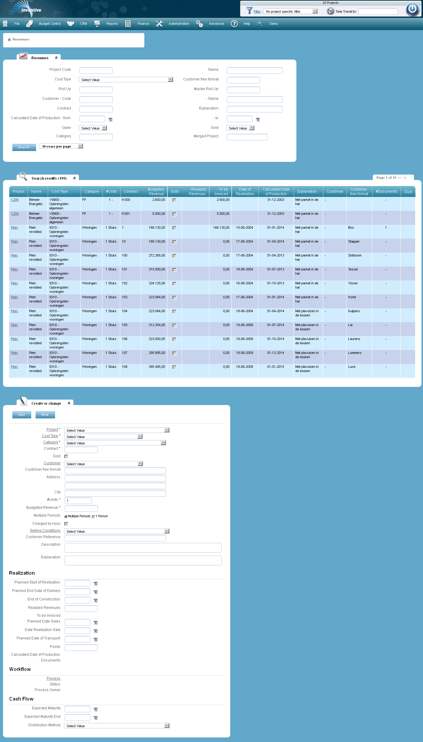 Revenues from a project screen