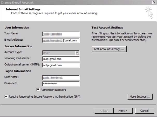 Screen Outlook Add-in GMail settings