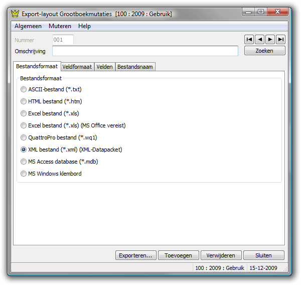 King Interface Screen: Export general ledger mutations, settings file format