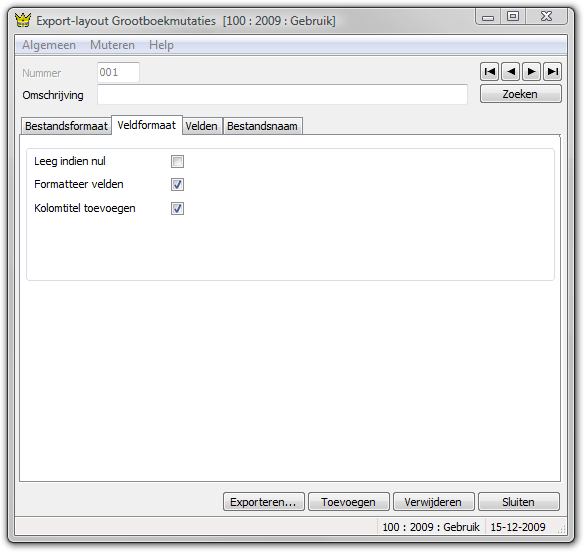King Interface Screen: Export general ledger mutations, settings field format