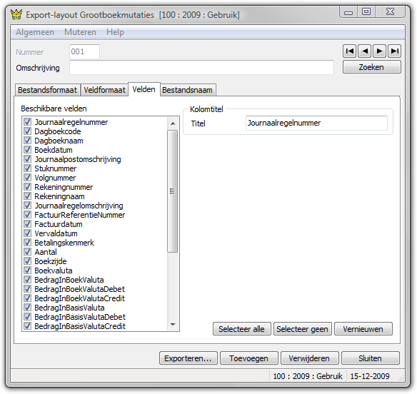 King Interface Screen: Export general ledger mutations, settings fields