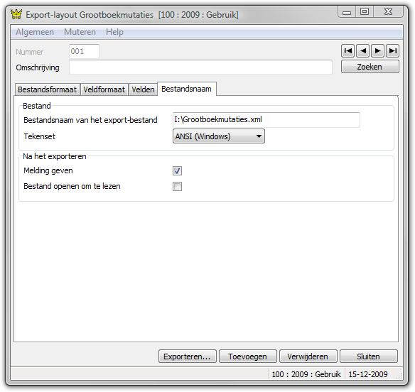 King Interface Screen: Export general ledger mutations, settings filename