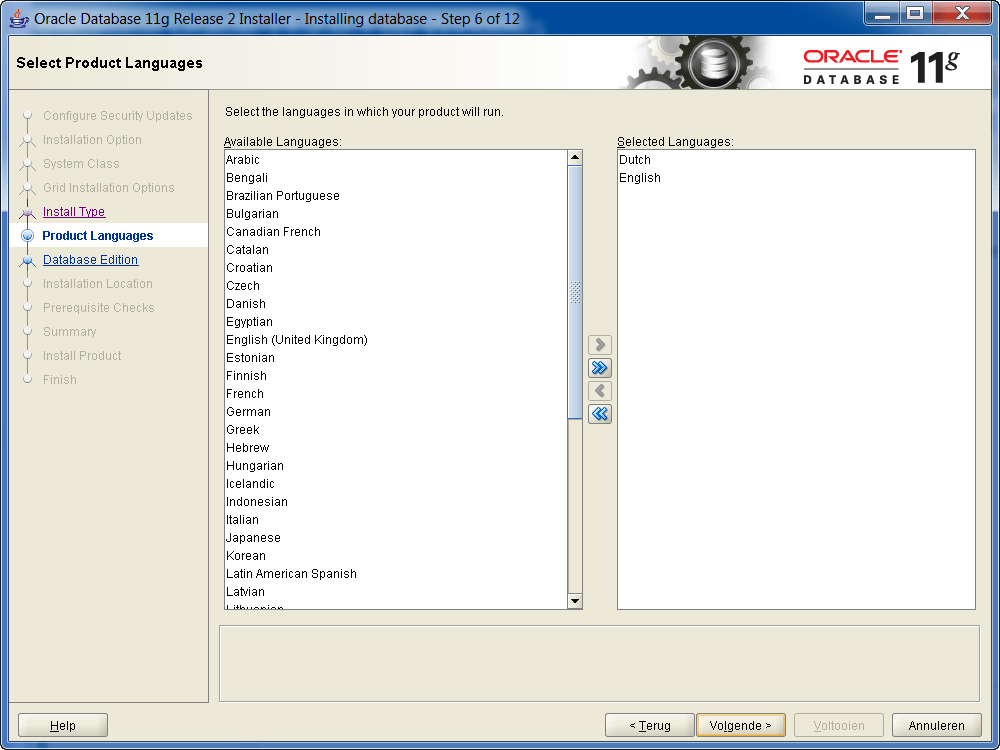 Installation Oracle 11g R2 on Windows: Choose languages