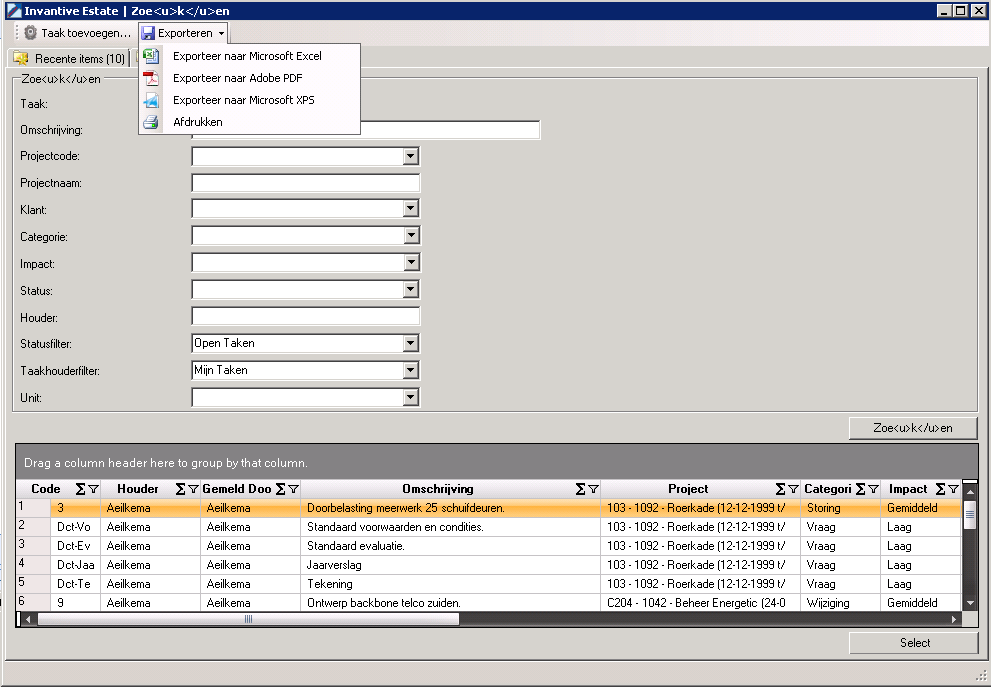 Screen Outlook Add-In with menu Export list