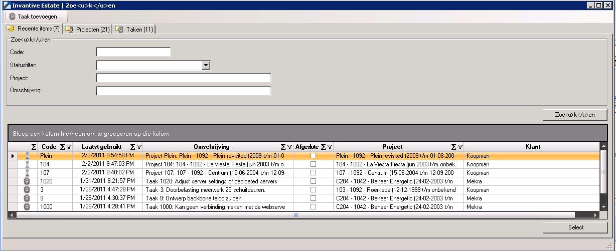 Screen Outlook Add-in Project or task search